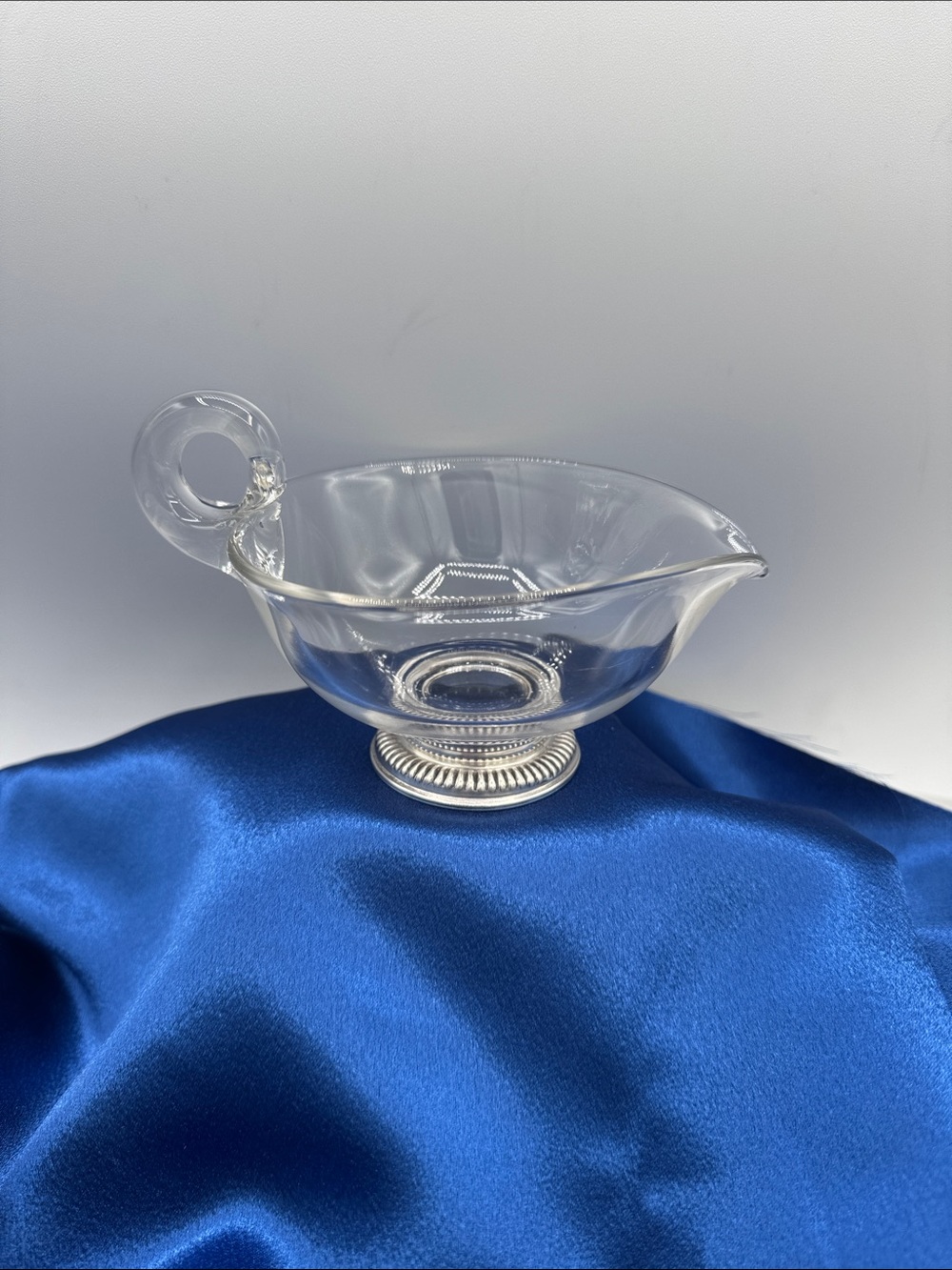 #2 Clear Glass Sauceboat with Loop Handle and Sterling Pedestal marked Whiting.